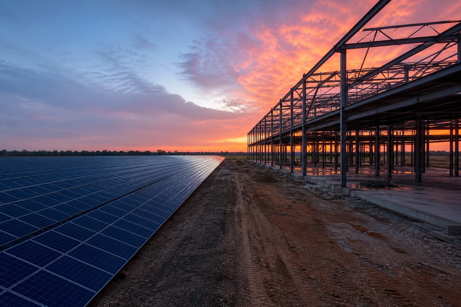 Solar array beside a construction site at dusk