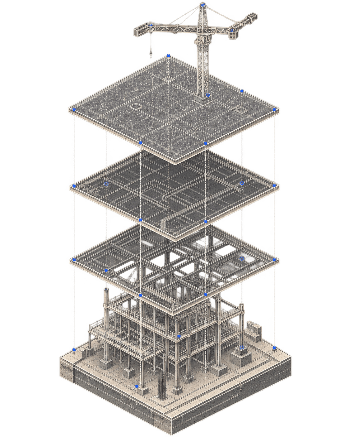 Exploded architectural diagram showing connected layers of project risk