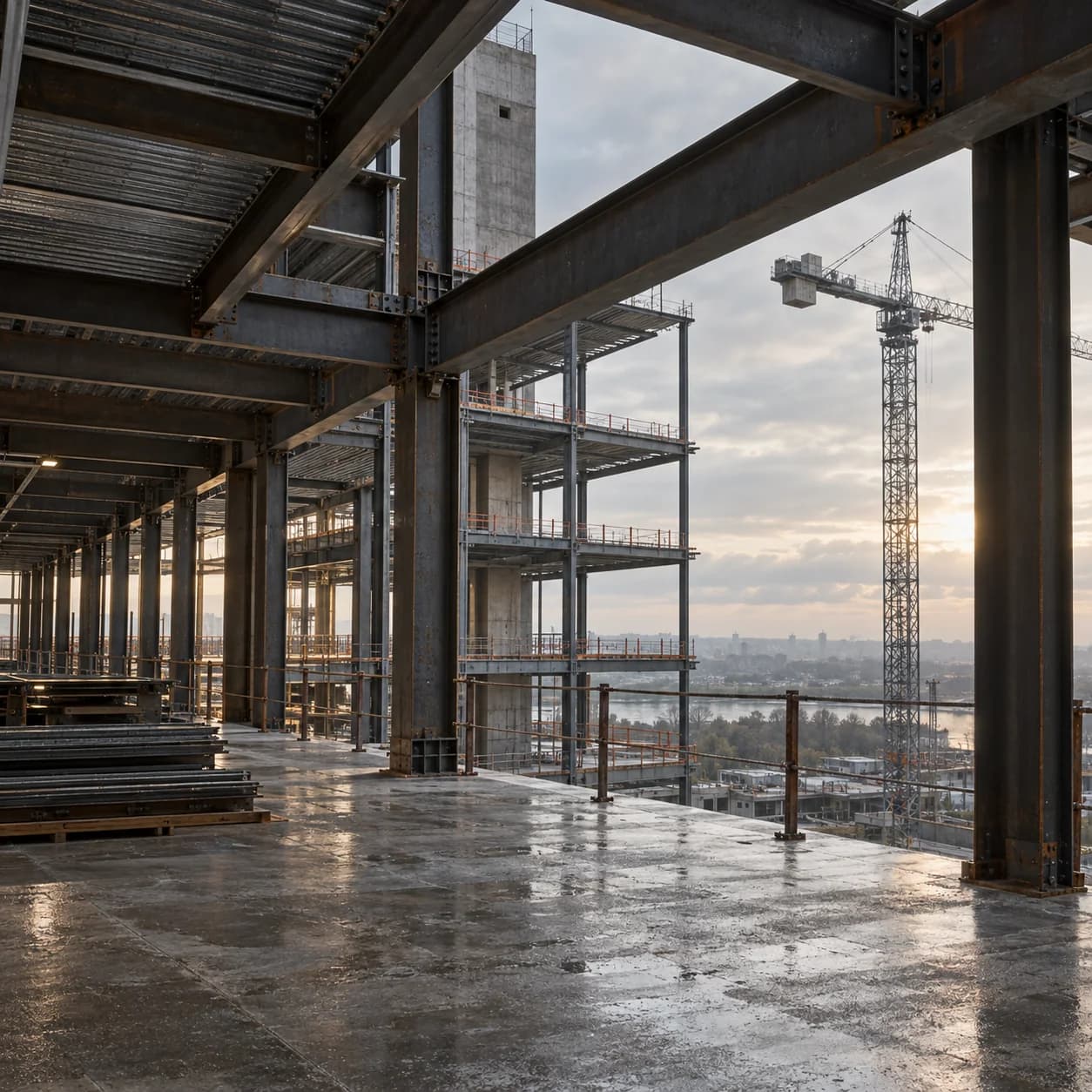 Illustrative view through the steel frame of a commercial construction site